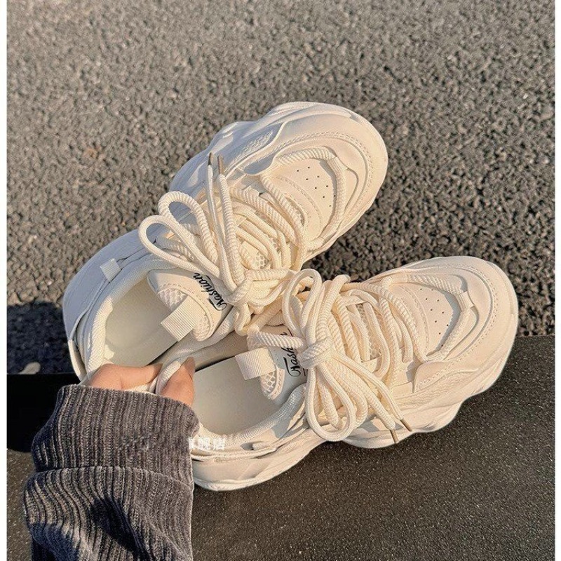 Women'S Shoes Hey Dude - รองเท้าผ้าใบผู้หญิงสีเบจแบบพื้นหนา ดีไซน์ตาข่ายผสมผสาน พร้อมเชือกผูก รองเท้าลำลองเพิ่มความสูง น้ำหนักเบา เหมาะสำหรับการเดินในชีวิตประจำวัน