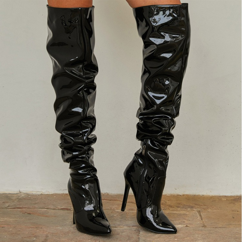 Patent Leather Pump - รองเท้าบูทสตรีกว่าเข่าเงาจีบรองเท้าส้นสูงซิปด้านข้างสตรีปั๊มชี้ Toe Stiletto รองเท้าผู้หญิงสิทธิบัตรหนัง