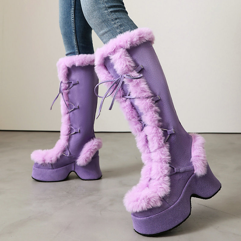 Women'S Shoes Chelsea - รองเท้าบูทสไตล์โลลิต้าแบบมีขนสำหรับผู้หญิง ส้นหนาแบบเวดจ์ รองเท้าบูทสูงถึงเข่าสำหรับฤดูหนาว แบบผูกเชือก เหมาะสำหรับคอสเพลย์และใส่ในชีวิตประจำวัน
