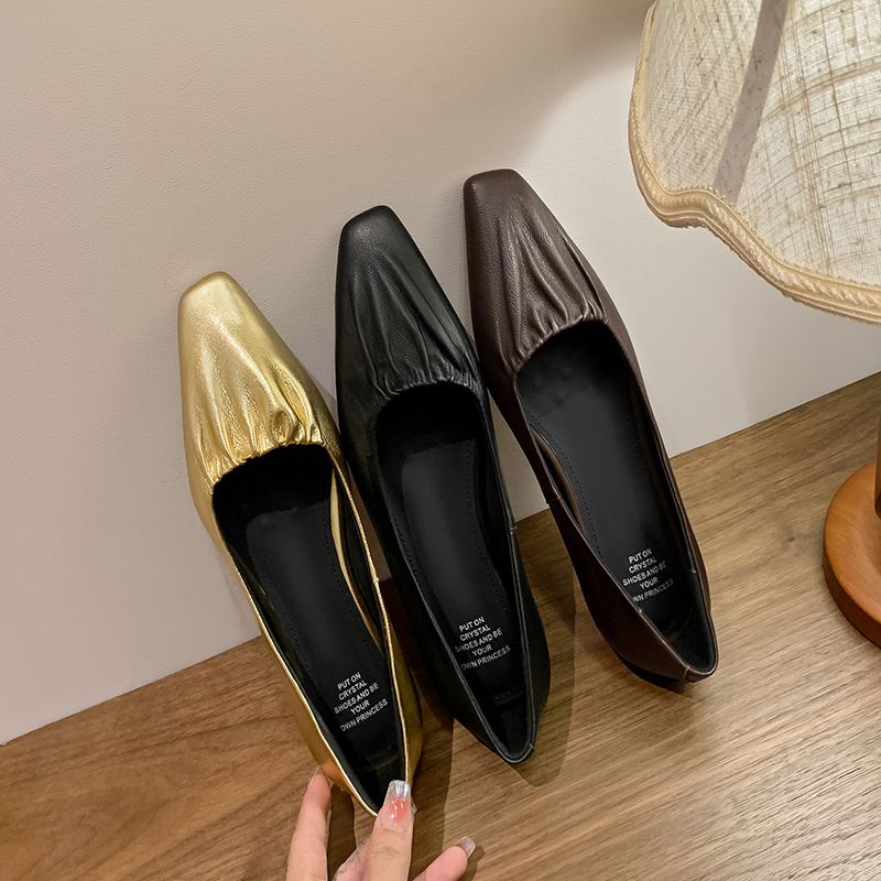 Women'S Shoes For Work - รองเท้าทำงานสตรีแบบสวม ส้นเตี้ย หนังแท้ พื้นเรียบ ดีไซน์จีบ ทรงหัวเหลี่ยม