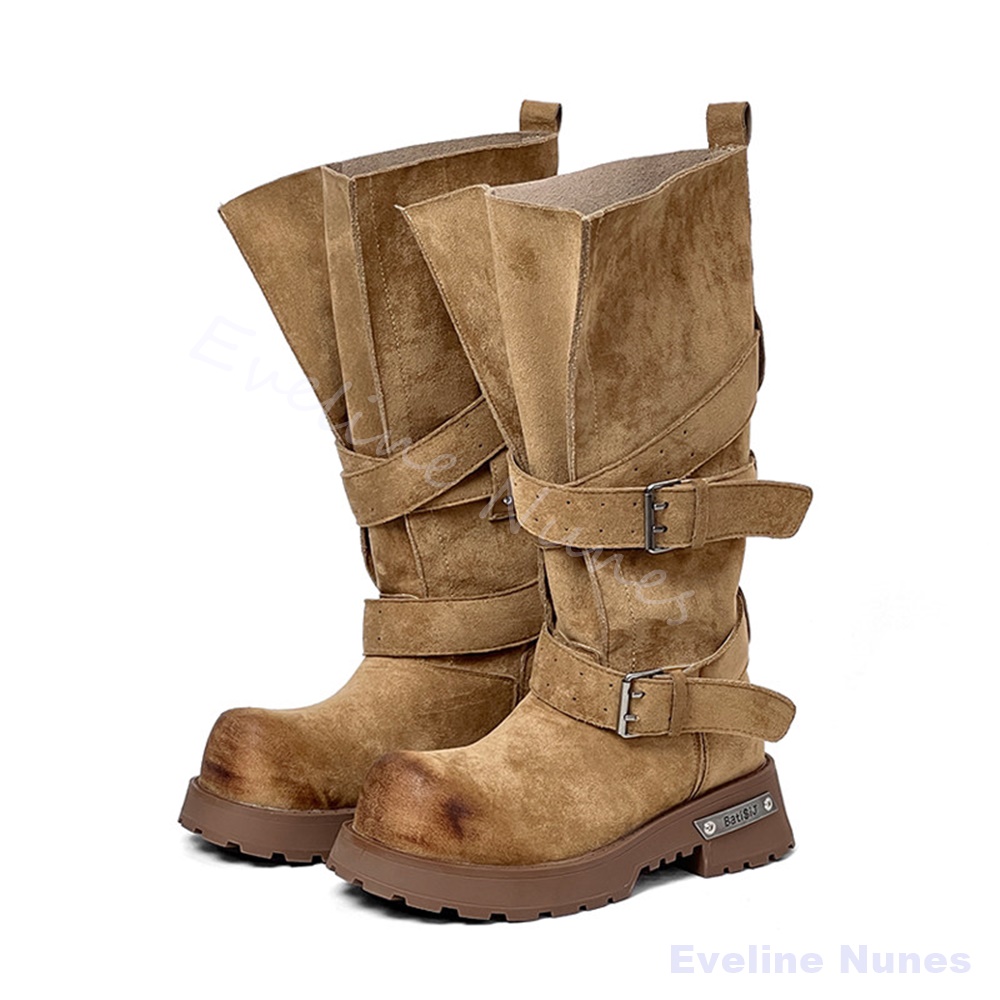 Women'S Shoes Extra Wide - รองเท้าบูทมอเตอร์ไซค์ส้นหนาแบบมีหัวเข็มขัด รองเท้าบูทผู้หญิงหนังวัวกลับ ปลายมน รองเท้าบูทพื้นหนาแบบย่น รองเท้าบูทสูงถึงเข่าแบบใหม่สุดเซ็กซี่
