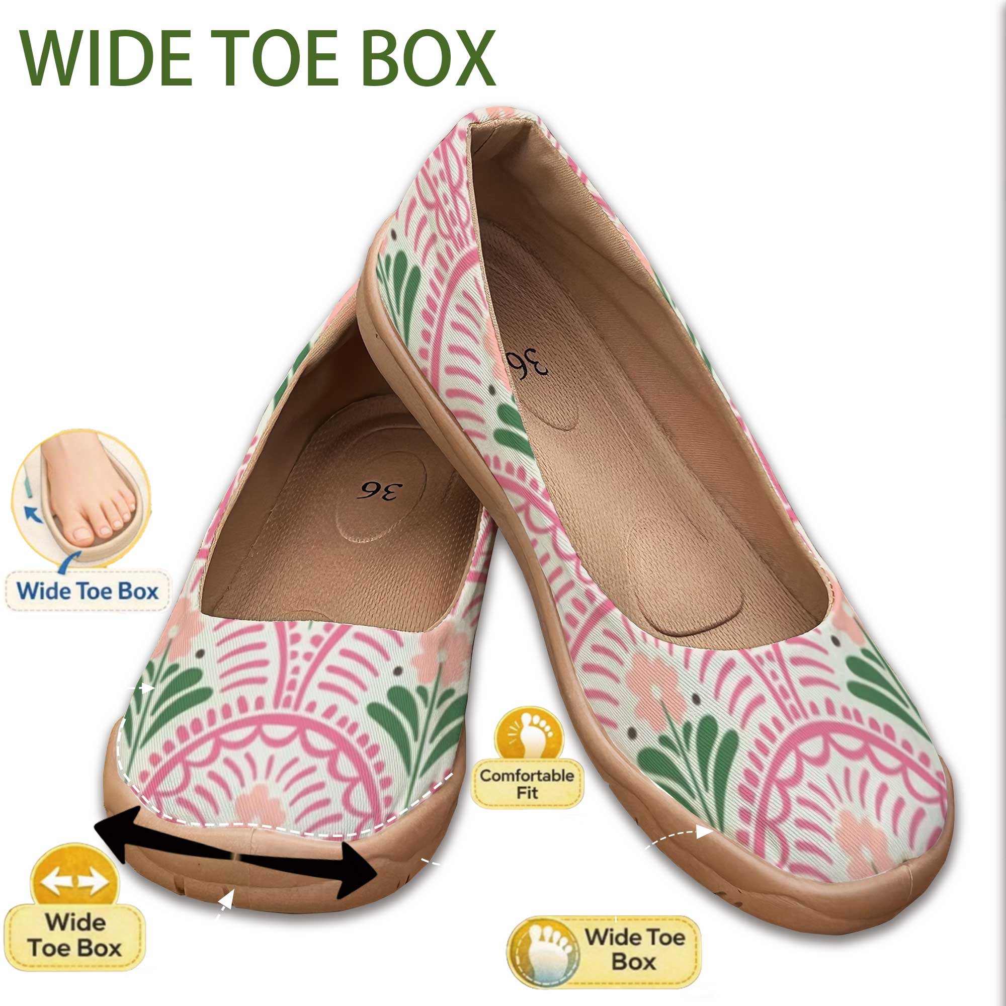 Women'S Shoes For Wide Feet - รองเท้าสตรีทรงกว้างสไตล์โบฮีเมียน พื้นนุ่มพิมพ์ลาย สวมง่าย หัวรองเท้ากว้างไม่กดทับเท้า เหมาะสำหรับเท้ากว้าง รองเท้าคุณแม่ไซส์ใหญ่