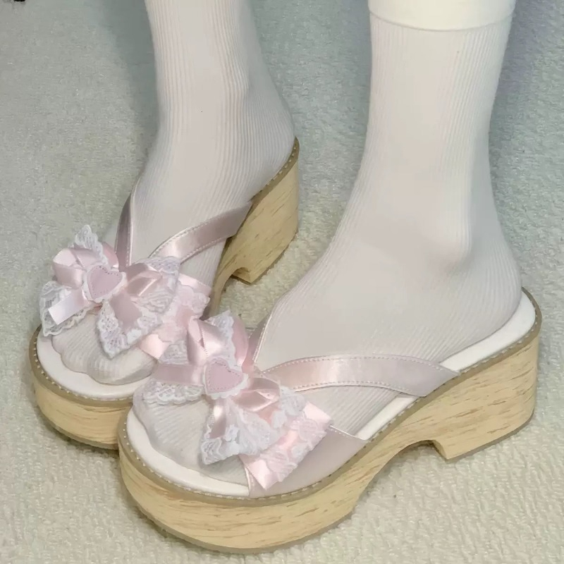Women Shoes Japan - รองเท้าแตะพื้นหนาลายไม้ Sweet Bow สไตล์ญี่ปุ่น สำหรับผู้หญิง ใส่สบาย