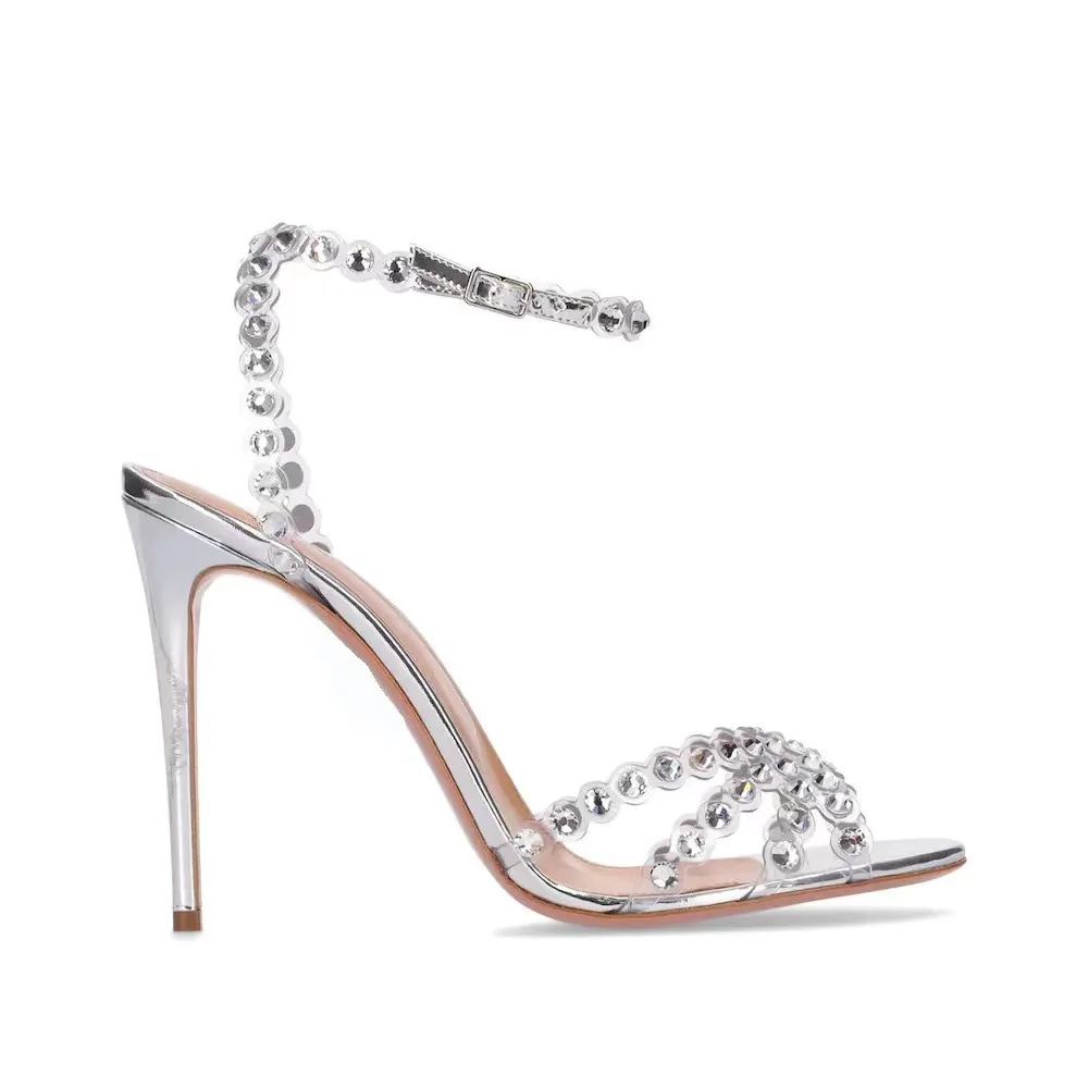 Women'S Shoes Peep Toe - รองเท้าส้นสูงแบบเจลลี่ประดับเพชร สไตล์ไฮโซ ไซส์พลัส สีเงิน เพิ่มความสูง ดีไซน์หัวเปิดประดับคริสตัล