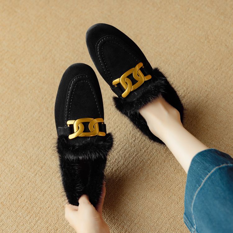 Women Shoes For Winter - ฤดูหนาวใหม่ผู้หญิงปั๊มแกะหนังนิ่มรองเท้าหนังผู้หญิงรอบ Toe รองเท้าส้นสูงรองเท้า SLIP-ON สีดําผู้หญิง ...