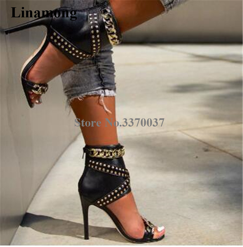 Gold Chain Sandal - Western แฟชั่นผู้หญิงเปิดนิ้วเท้าโซ่ทอง Rivet Stiletto ส้น Gladiator