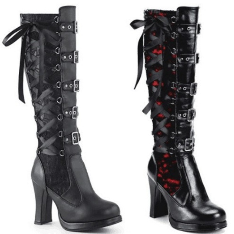 High Knee Heel Boots - รองเท้าบูทสูงถึงเข่าสไตล์พังก์กอธิคสำหรับผู้หญิง รองเท้าบูทมอเตอร์ไซค์แบบสวมใส่สบาย รองเท้าบูททรงยาวแบบนักรบ รองเท้าส้นสูงแบบแพลตฟอร์มสำหรับผู้หญิง