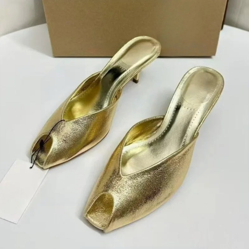 Women'S Shoes Peep Toe - รองเท้าส้นสูงผู้หญิง ดีไซน์หรูหรา สีทอง รองเท้าแตะแบบสวมเปิดส้น แฟชั่นสำหรับผู้หญิง ส้นสูง