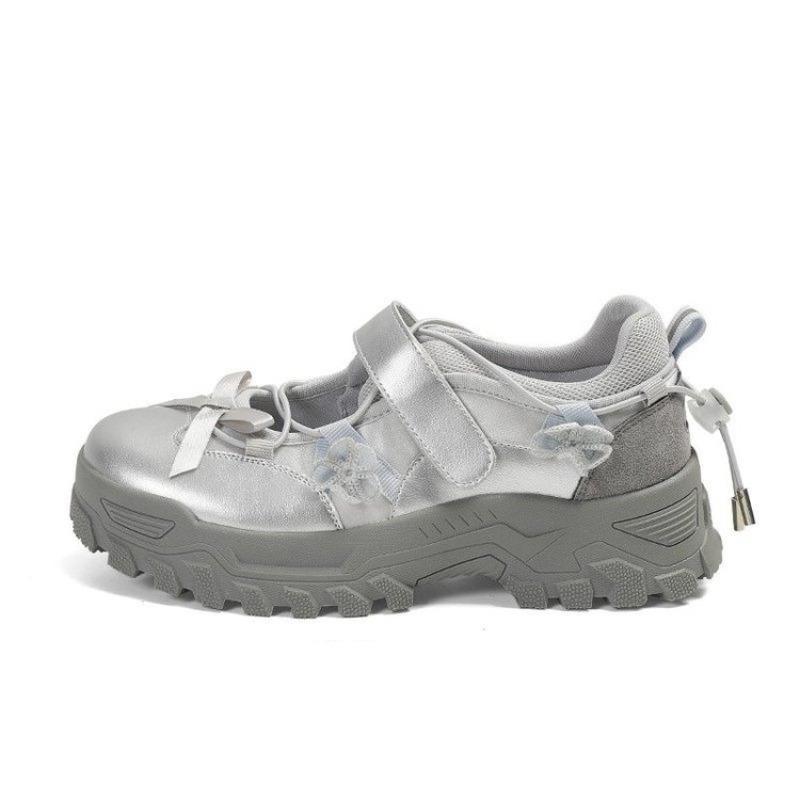 Women'S Shoes Com - รองเท้าผู้หญิงแบบแมรี่เจนพร้อมโบว์ พื้นหนาเพิ่มความสูง สายรัดแบบเมจิกเทป หัวรองเท้าทรงกลม รองเท้าผ้าใบสำหรับผู้หญิง