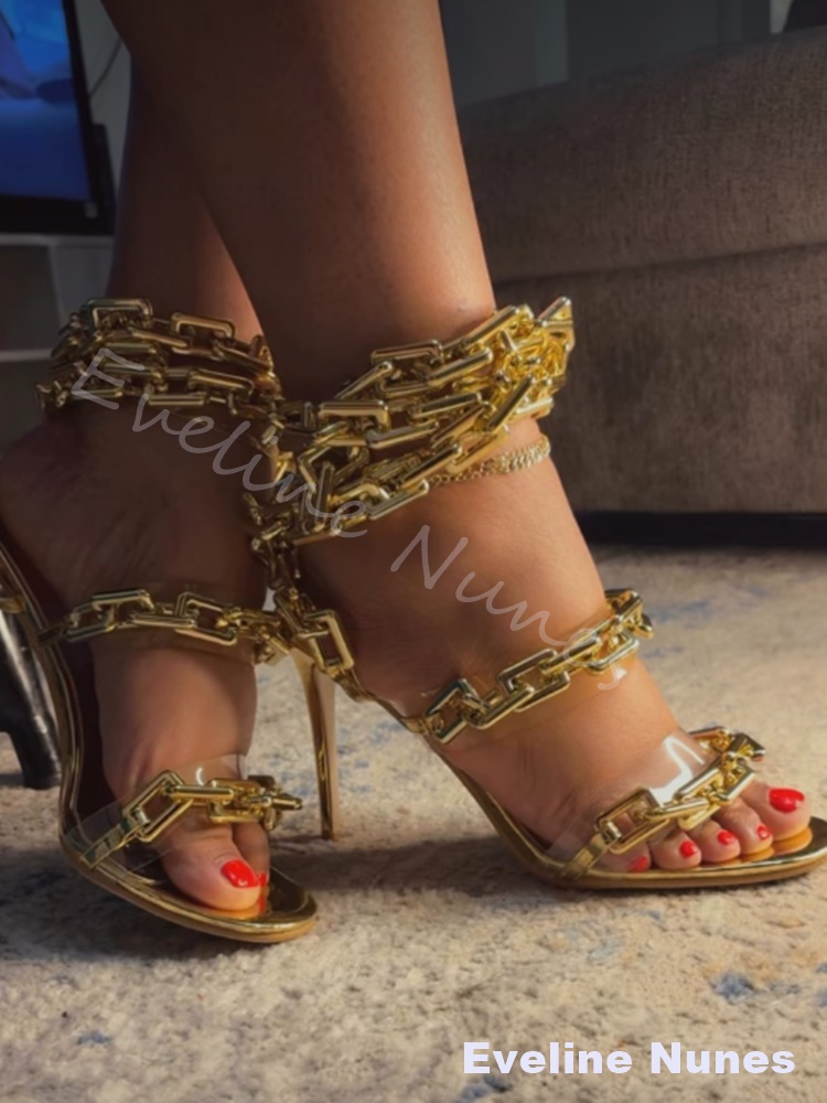 รองเท้าส้นสูงแบบรัดข้อเท้าโซ่ท - Gold Chain Sandal บทวิจารณ์และราคา