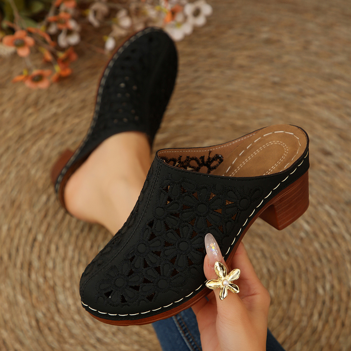 รองเท้าแตะสตรีแบบมูลส์ลายดอกไม - Women'S Shoes Peep Toe บทวิจารณ์และราคา